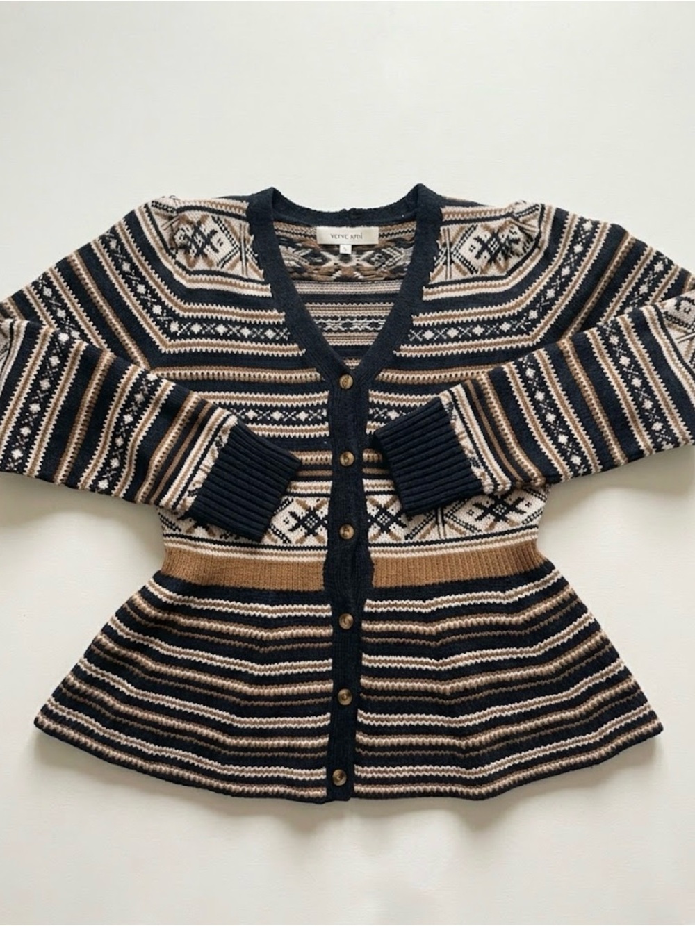Verve Ami - Fair Isle Peplum Cardigan Brown Nordic Button Front Sweater - Size M